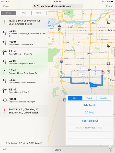 Googlemaps route to St Matthew's Episcopal Church in Glendale