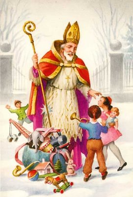 St Nicholas giving children gifts